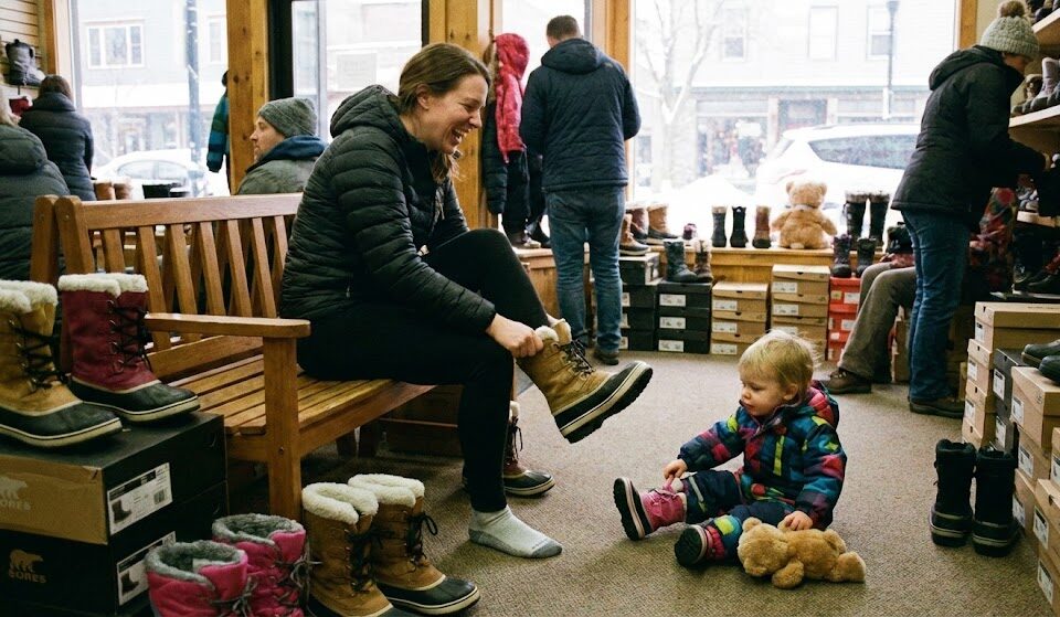 Mom trying on winter boots with child nearby