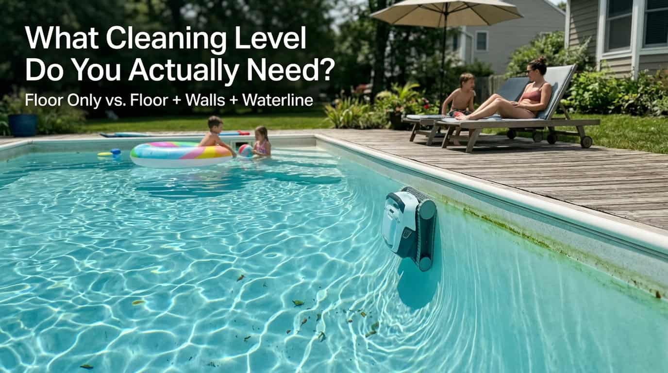 robotic pool cleaner is actively operating inside the pool
